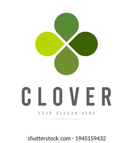 Abstract green clover logo four leaves heart shape,icon irish shamrock luck,sign ecological business company,symbol nature eco.Graphic design template.Simple clean vector logotyp isolated illustration