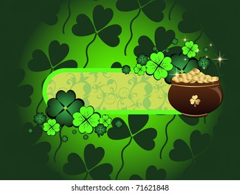 abstract green clover pattern background with isolated golden coins earthenware