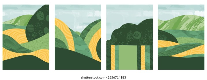 Abstract green collage background vector illustration of field, farm, rice plant. Simple, eco-friendly design with organic texture. Vintage style, modern pattern, minimalist landscape, cover, eco set