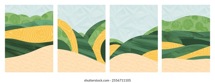 Abstract green collage vector illustration - nature, farm, rice, tea, wheat, eco-friendly agriculture. Simple design with trees, plants, organic textures for vintage, modern background, aerial views