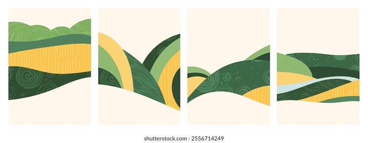 Abstract green collage vector illustration - nature, farm, agriculture, rice, tea, wheat, organic textures. Design with trees, plants, vintage elements for modern, eco-friendly, rustic background