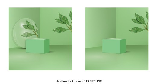 Abstract green color 3D room with realistic green box pedestal podium and leaves design template. use for cosmetic presentation background.glass and with out glass two pedestal podium background.