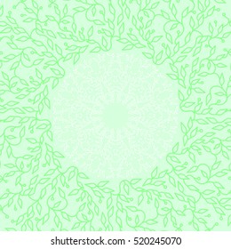 Abstract green color frame design. Circle made background with leaves. Spa concept in linear style. Vector decoration for fashion, cosmetics, beauty industry