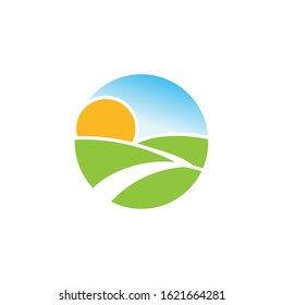 abstract green color round shape sunny meadow logo, agricultural logotype vector illustration