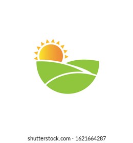 abstract green color round shape sunny meadow logo, agricultural logotype vector illustration
