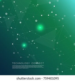 Abstract green color science background with connection dots and lines.