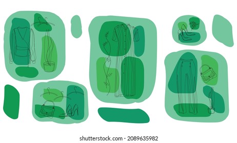 Abstract green color trend clothing fashion design in  minimalist style. Vector illustration with black outlines. 