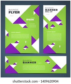 Abstract green color triangles theme Set flyer cover, banner, roll up banner