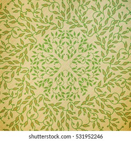 Abstract green color wooden design. Circle made texture with leaves. Spa concept natural pattern in linear style. Vector decoration for fashion, cosmetics, beauty industry.
