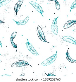 Abstract Green Colored Floating Feathers Vector Seamless Pattern can be used for Background and Apparel Design