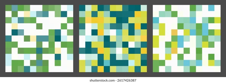 Abstract green colored pixelated background. Trendy mosaic vector texture. Pixel abstract bg in green tone. Minimal geometric backdrop. Set of 3 square vector mosaic seamless pattern