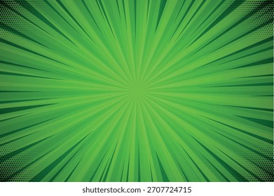 Abstract Green Comic Background with Radial Speed Lines and Halftone Texture