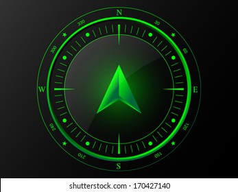 Abstract green compass with 3 D arrow pointer in the middle, isolated on dark background