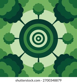 Abstractas círculos concéntricos verdes con árboles estilizados