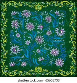 abstract green cracked background with blue floral ornament