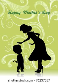 abstract green creative floral pattern background with mom and kid silhouette