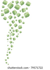 abstract green cubes covered with fresh water drops on a white background