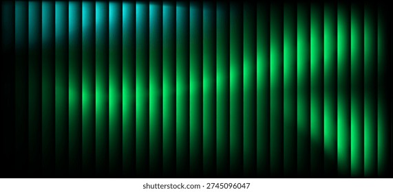 Abstract Green and Cyan Neon Vertical Stripes Background. Futuristic Digital Light Effect with Glowing Motion Blur and Dark Gradient.