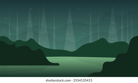 Abstract Green Dark Landscape Background Banner Mountains Polar Shine Lake Stars  Night Sky Vector Design