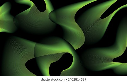 Abstract green, dark green smooth waves on a black background. Dynamic sound wave. Design element. Vector illustration.