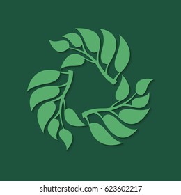 Abstract green deciduous frame with shadow. A frame from branches with leaves. Decorative deciduous element.