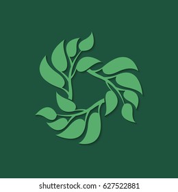 Abstract green deciduous frame with shadow. A frame from branches with leaves. Decorative deciduous element.