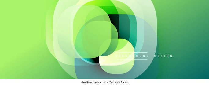 Abstract green design features overlapping rounded squares. Gradient shades create depth, modern aesthetic. Minimalist composition, vibrant colors.