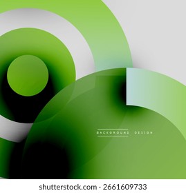 Abstract green design features overlapping circles, gradients, white shapes. Modern aesthetic, simple composition, clean lines.