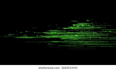 Abstract green digital glitch art on a black background. Minimalist computer screen distortion for high tech display.