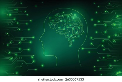 Abstract green digital head with circuit brain representing AI, machine learning, and technology.