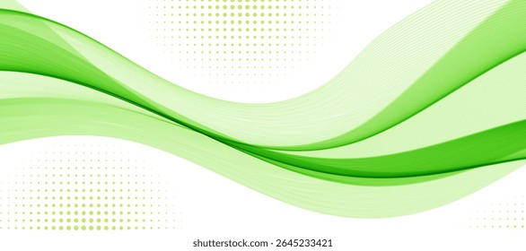 Abstract green dot wavy lines on white background. Colorful flow wave lines. Transparent green smooth wave.