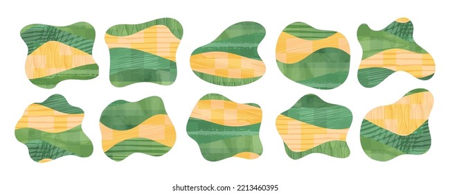 Abstract Green Eco Farm Field Blob Pattern Background. Organic Asymmetric Amoeba Form. Agriculture Landscape With Texture. Nature Collage, Countryside Vector Illustration. Isolated Irregular Figure