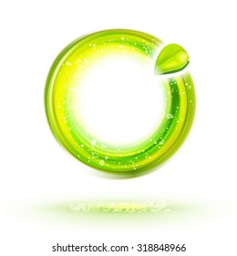 Abstract green energy circle label with leaf. Natural food identity idea. Ecology design illustration. Healthy icon. 
