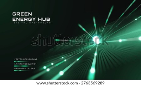 Abstract green energy hub background with digital data ray. Modern technology network system showing eco clean power core. Vector illustration.