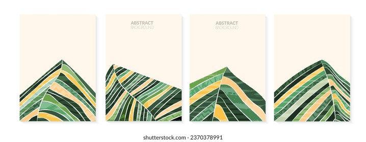 Abstract green field or wave eco farm background. Nature landscape vector illustration with scribble texture. Mountain hill, organic plantation, aesthetic countryside poster design. Ecology brochure