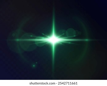 Abstractas destello de luz verde. Efecto verde brillante con deslumbramiento. Aislado sobre fondo transparente.