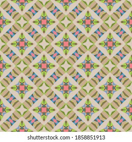 Abstract green floral background, geometric seamless pattern, trendy ornament, fashion print small shapes, vector texture for textile, fabric, paper, decoration.