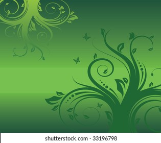 Abstract Green Floral Composition with Flying Butterfly - Background Vector