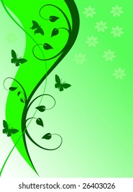 An abstract green floral vector background with leaves and fronds on a lighter  graduated background. The image has room for text