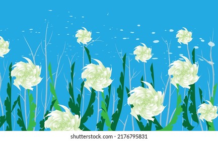 Abstract green flower with leaf on blue background.