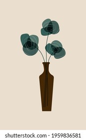 Abstract green flowers in vase wall art. Simplicity of neutral color bontanical flowers wall decor. Brown, black and cream color of Scandinavian and boho wall decorations. Single wall decor.