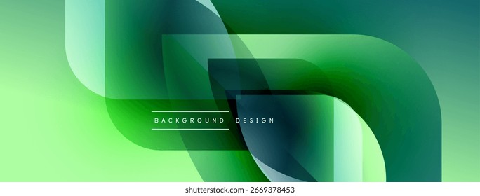 Formas de fluido verde abstrato se sobrepõem. Design moderno apresenta gradientes, curvas, transições suaves. Fundo minimalista adequado para apresentações.
