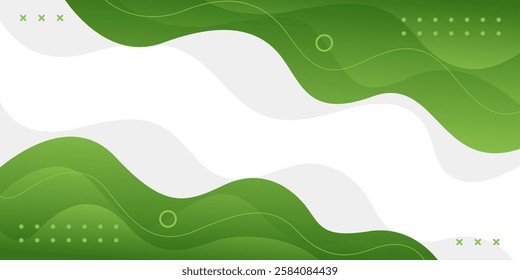 Abstract green fluid wave background with geometric shapes. Modern dynamic wallpaper. Template banner background for sales, business, ads, events, web, pages, and others