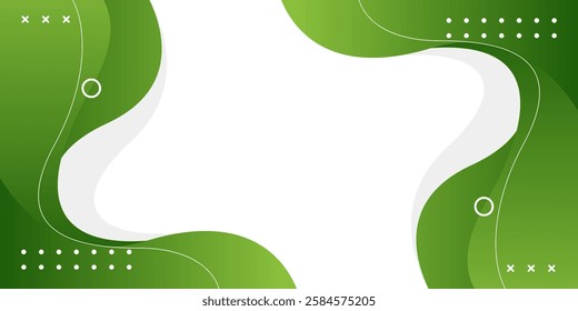 Abstract green fluid wave background with geometric shapes. Modern dynamic wallpaper. Template banner background for sales, business, ads, events, web, pages, and others