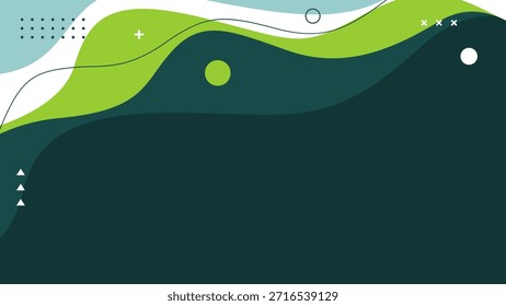 Fondo de onda de fluido verde Abstractas con Formas geométricas. Moderno Fondo de pantalla de Memphis. Adecuado para Plantillas, Anuncios de venta, anuncios de negocios, presentaciones, Sitios web y páginas
