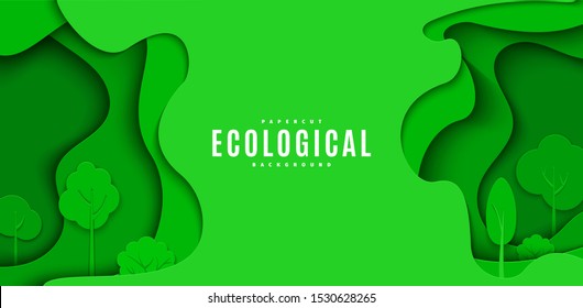 Abstract green flyer in cut paper style. Cutout trees grass wave template for save the Earth posters, ecology brochures, presentations, ienvironmental Protection .Vector horizontal card illustration