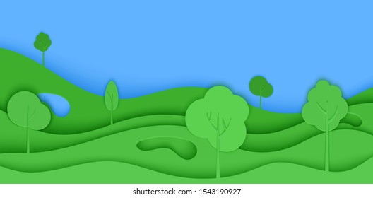 Abstract green flyer in cut paper style. Cutout trees grass wave and blue sky template for save Earth posters, ecology brochures, presentations, invitations with place for text .Vector illustration.