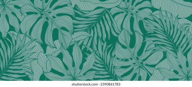 Abstract green foliage wallpaper nature vector. Leaves pattern with monstera leaf, palm plant line art on green color background. Design for banner, cover, interior, decoration, card.