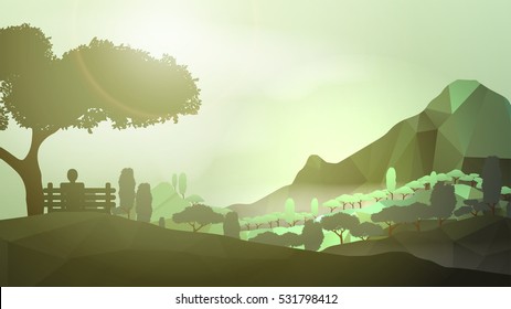 Abstract Green Forest Mountain with Man Sitting in the Foreground - Vector Illustration