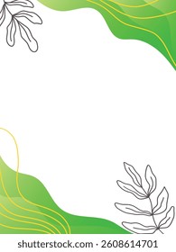 abstract green frame with gradient and lines, with lineart silhouette of plant leaves, eco style frame for design